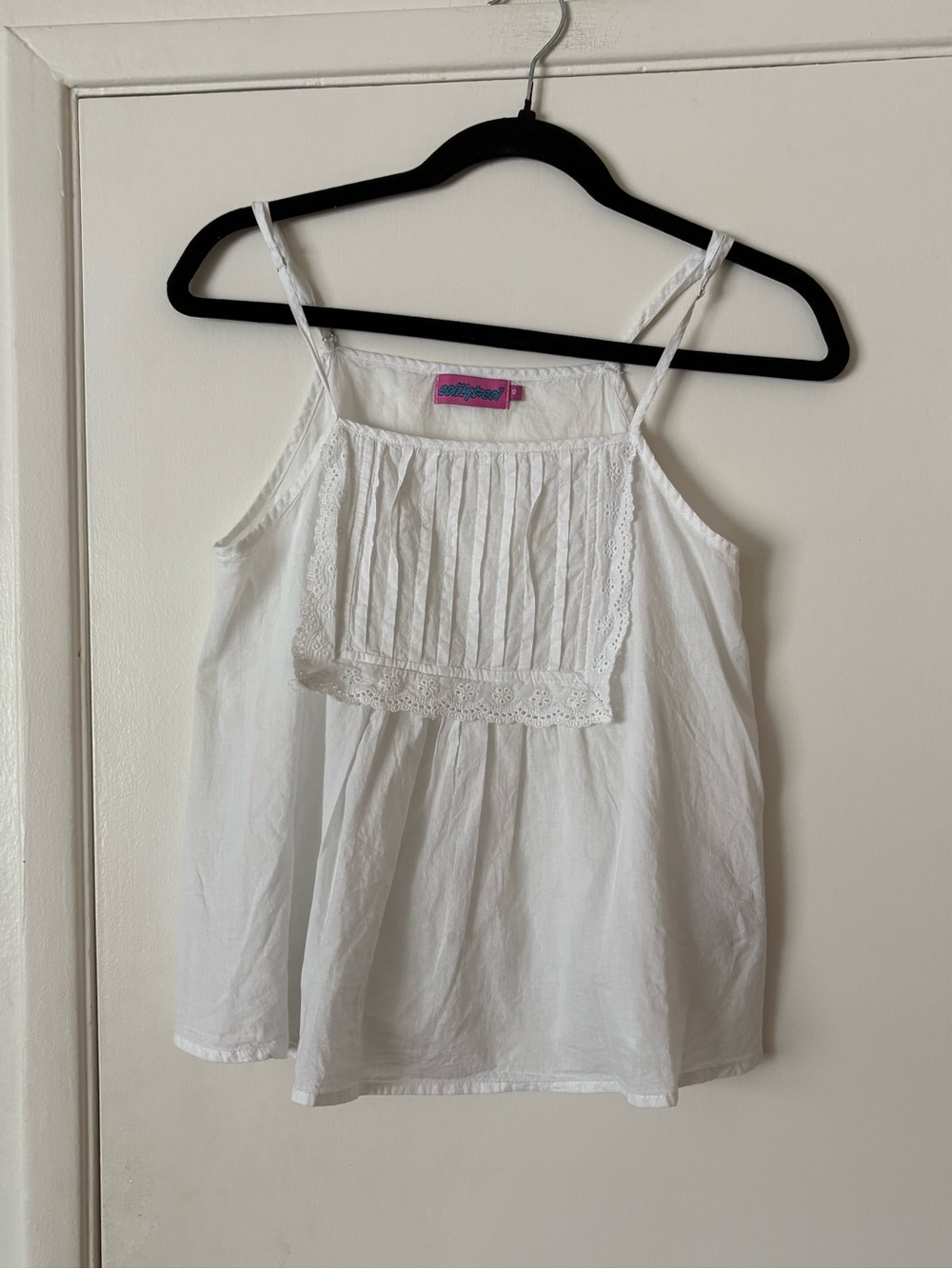 Edikted Eyelet White Lace-Trim Pintuck Bib Cotton Tank Top Size XS
